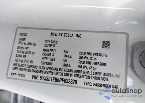 2023 Tesla Model 3 из США, поврежденный, VIN 5YJ3E1EB6PF632320